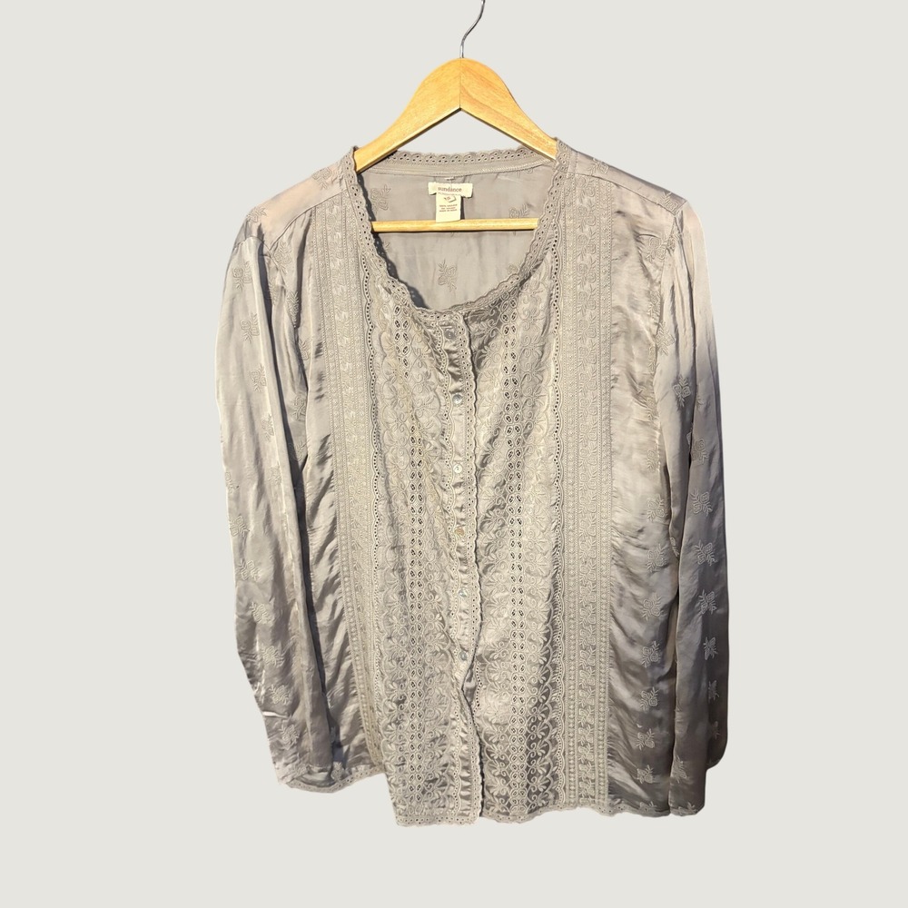Sundance Grey Blue Embroidered Eyelet Lace Button Down Viscose Blouse Small
